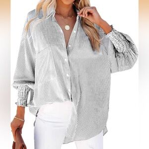 Oversized Button-Down Smocked Cuff Tunic Top